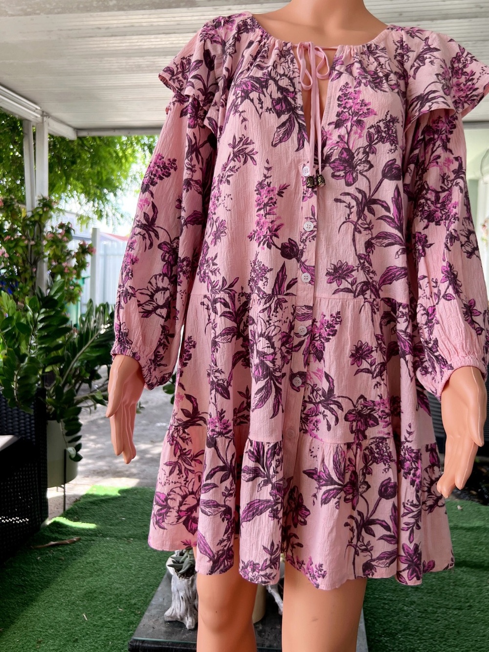 Free People Pink Floral Deep-V Ruffle Mini Dress - Picture 6 of 8